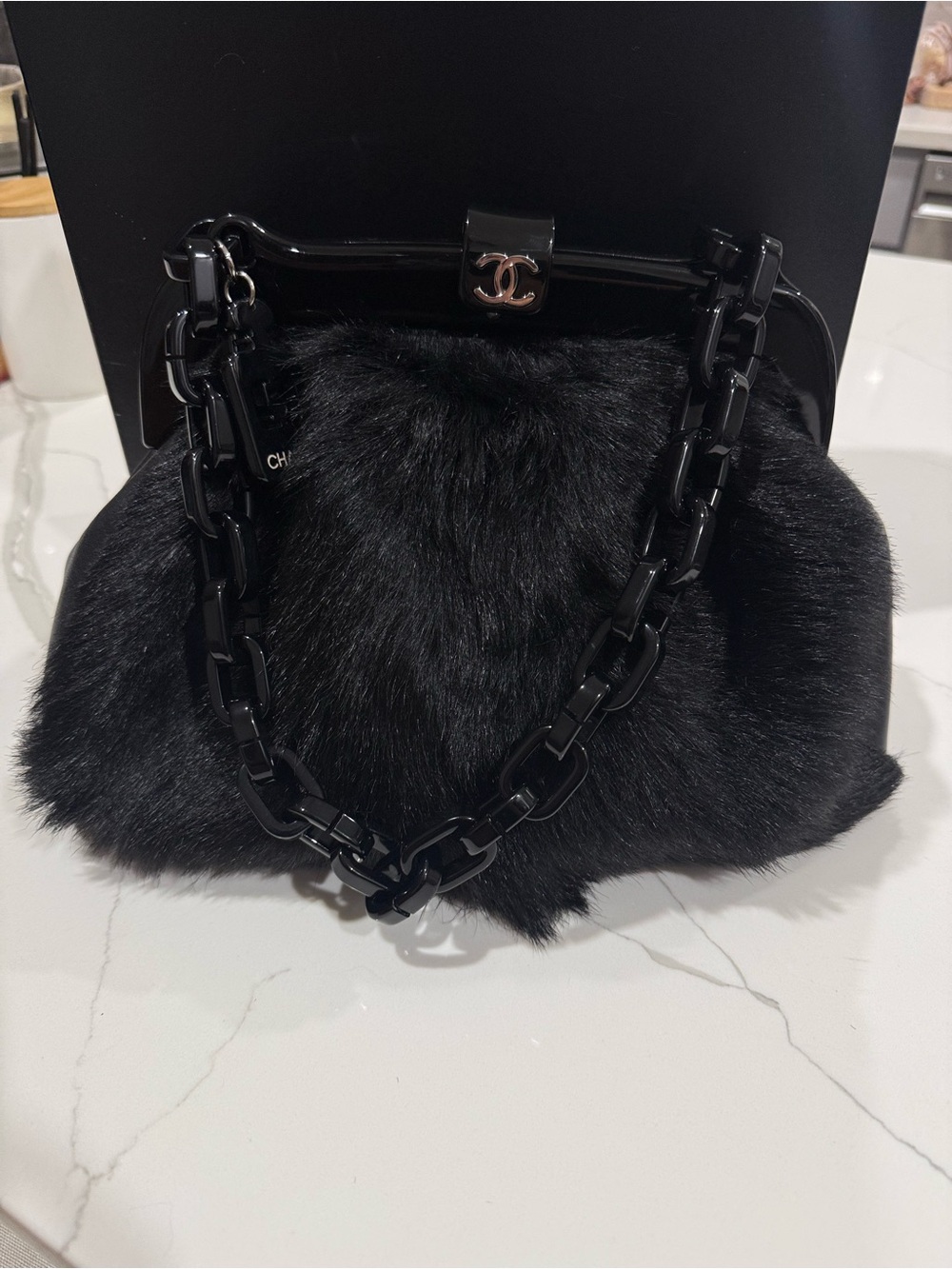 CHANEL Black Fur Frame Wristlet Clutch